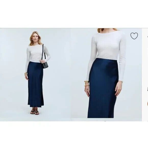 MADEWELL Satin Slip Maxi Skirt 14 Indigo Blue Slit Pull On - Picture 1 of 6